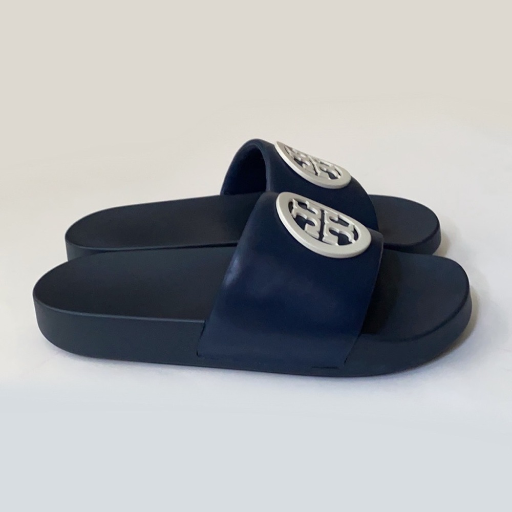 NIB Tory Burch LOGO Lina Leather Slide Royal Navy - Picture 6 of 11